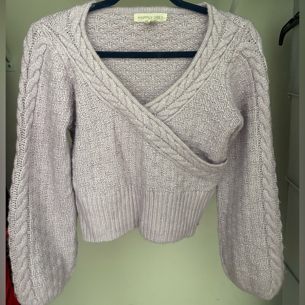Happily Grey Women's V-Neck Cable Knit Sweater - Light Gray